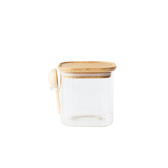 Quadratischer Glasbehälter Mit Bambusdeckel + Dosierlöffel