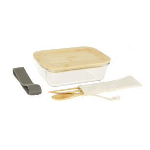 Glas-Lunchbox 1 L Mit Bambusdeckel Und 3-Teiliges Besteckset Im Baumwollbeutel