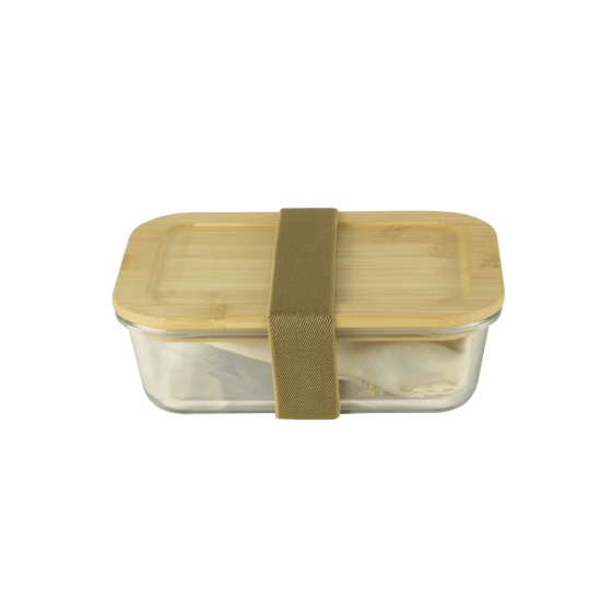 Glas-Lunchbox 1 L Mit Bambusdeckel Und 3-Teiliges Besteckset Im Baumwollbeutel