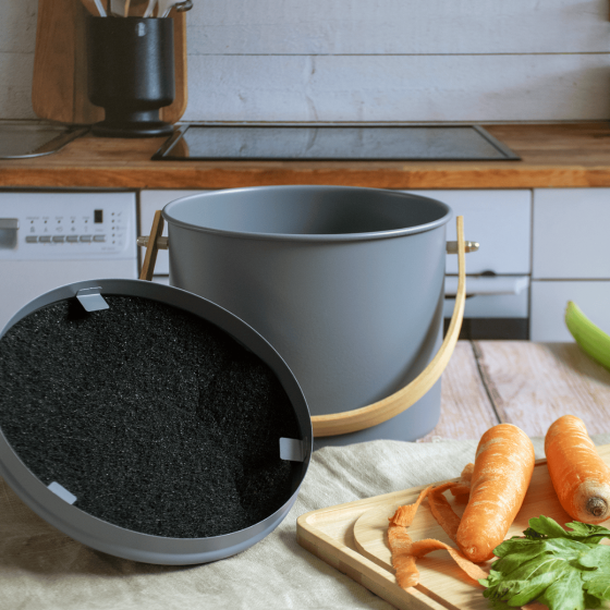 Kompostbehälter 3,5 L, Metall, Bambus, Aktivkohlefilter, Schiefer