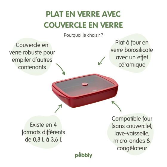 Plat à Four rectangulaire en Verre et son couvercle - 0,8 litres - 2 coloris