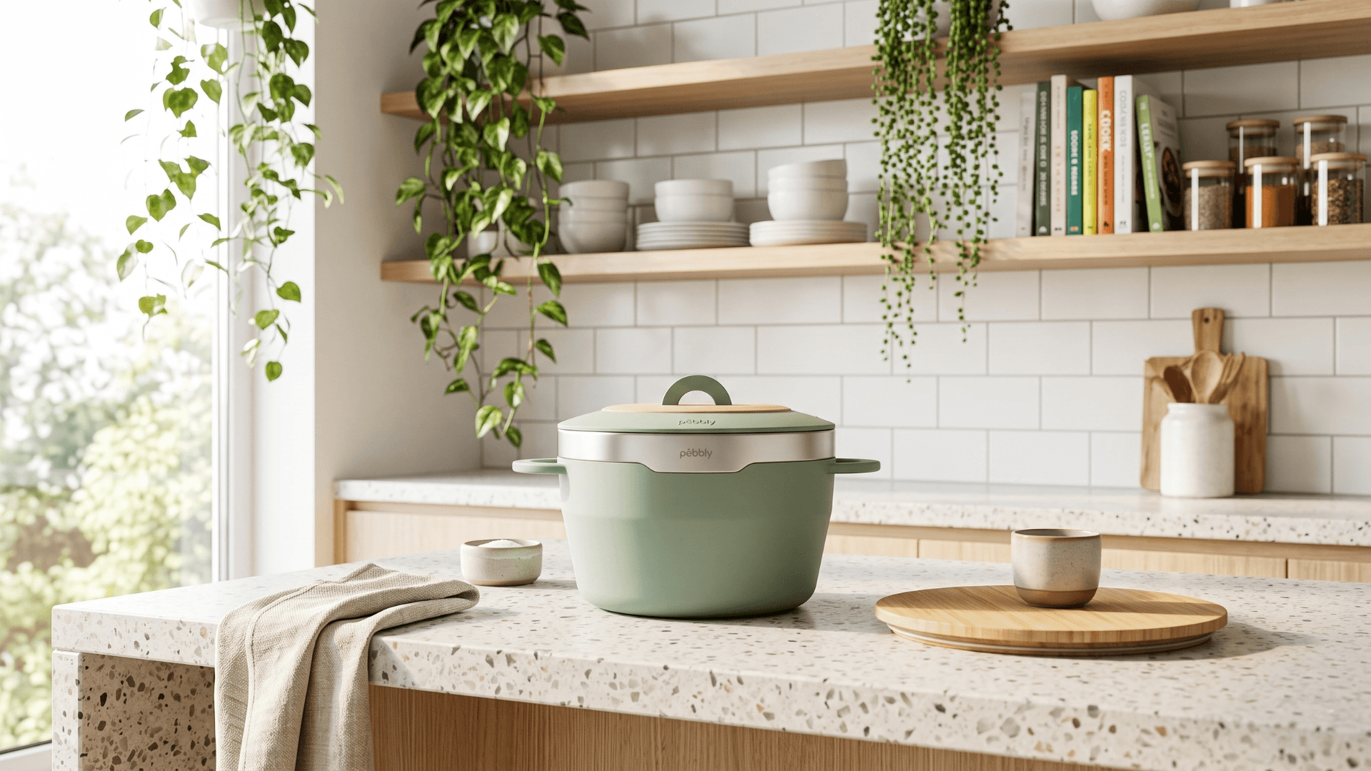 Cocotte Pebbly coloris Mint Sage dans une cuisine claire