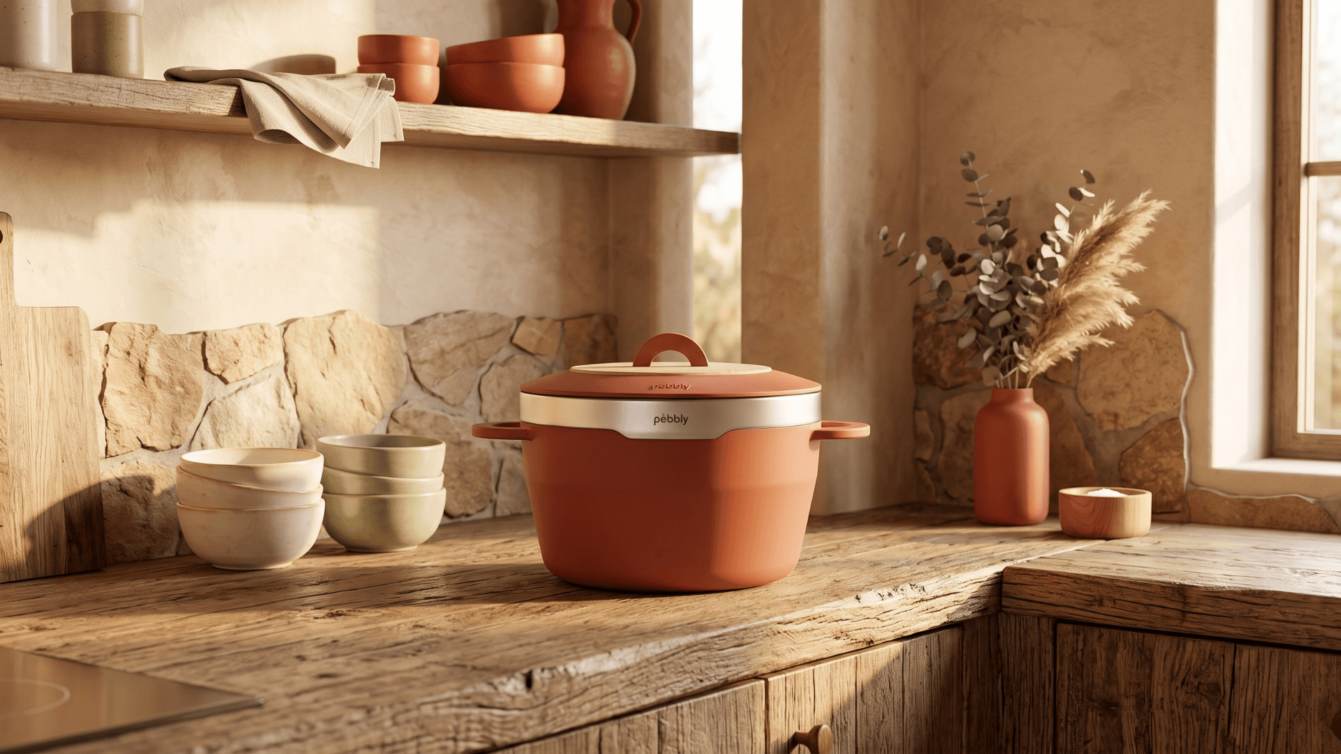 Cocotte Pebbly coloris Terracotta dans une cuisine chaleureuse